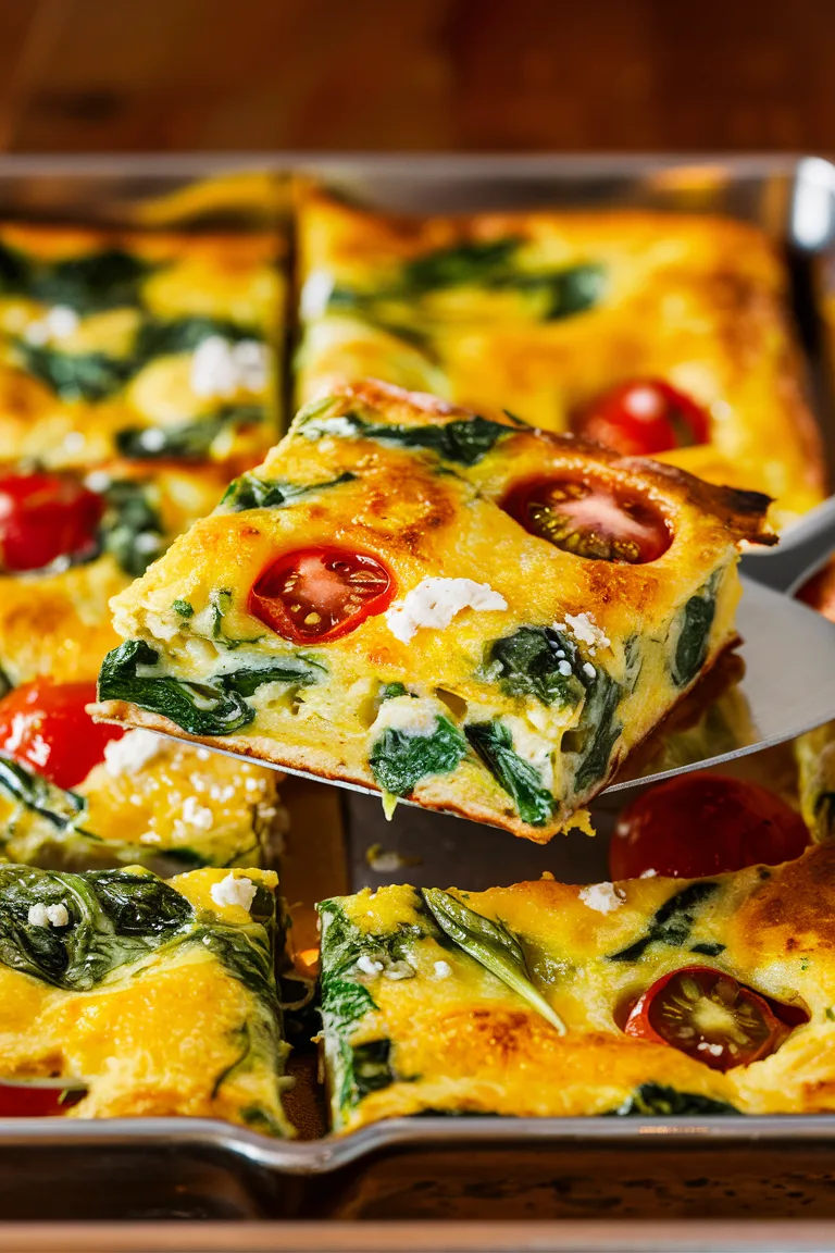 Delicious homemade spinach and tomato frittata slice, perfect for breakfast or brunch.