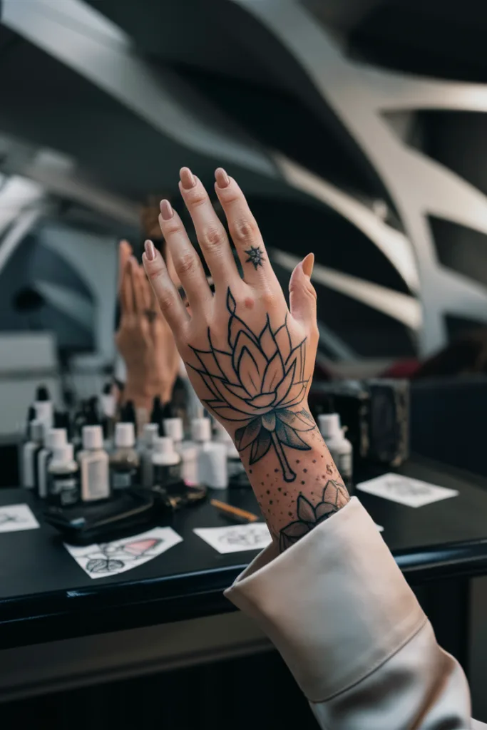 Close-up of a hand with intricate lotus tattoos reflected in a mirror, surrounded by tattoo ink bottles.