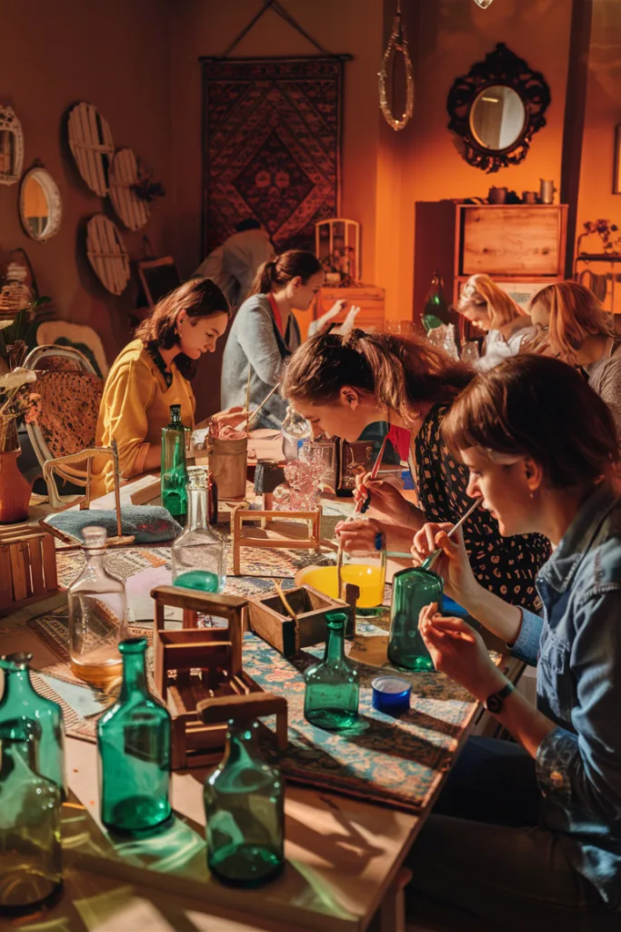 Artisans at a workshop crafting with colorful glass bottles on a sunny day.