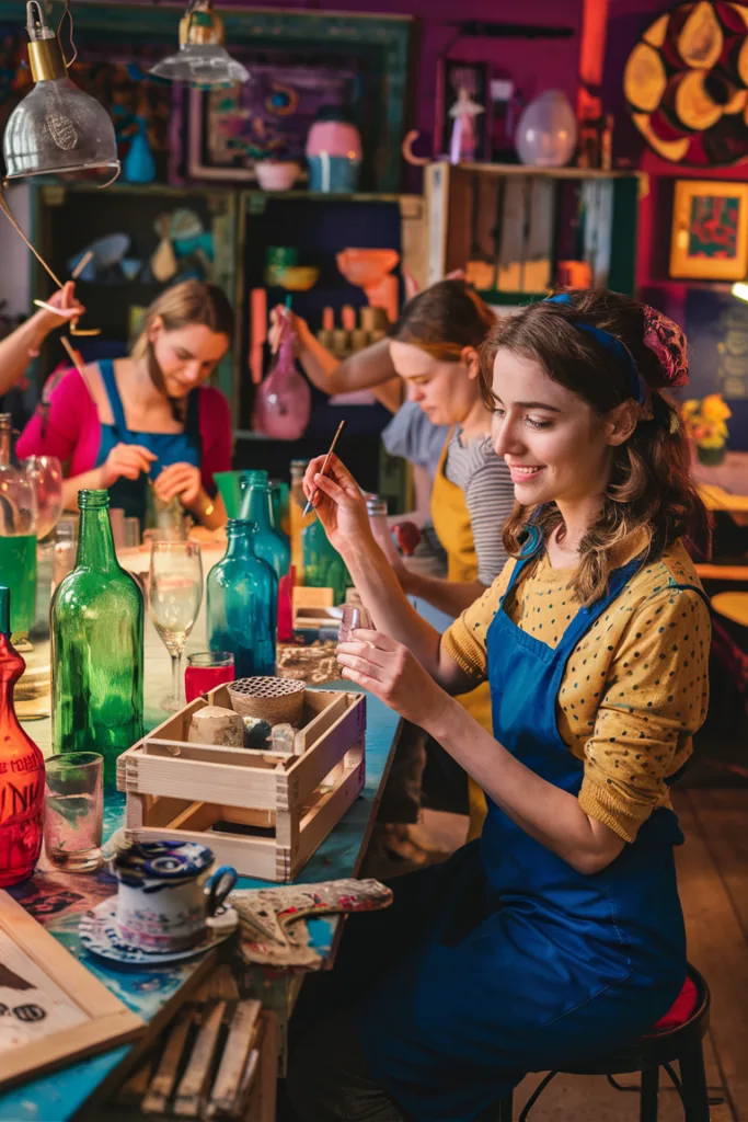 Women crafting and painting glass bottles in a vibrant art studio. Creativity and teamwork at work.