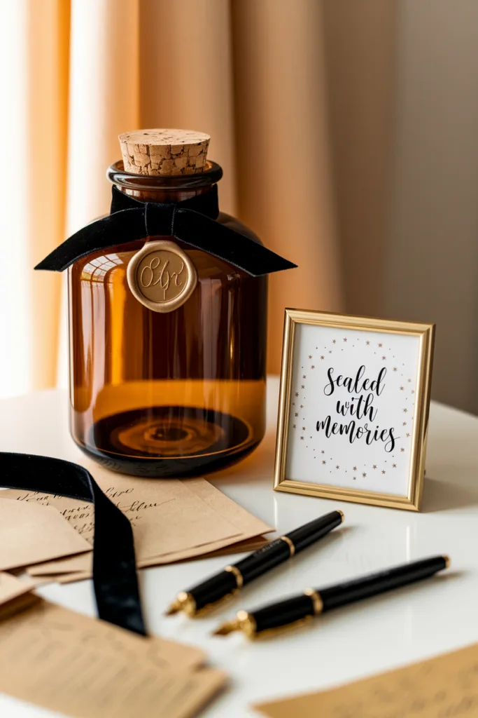 Vintage glass jar with cork and framed quote Sealed with memories on a desk with pens and stationery.