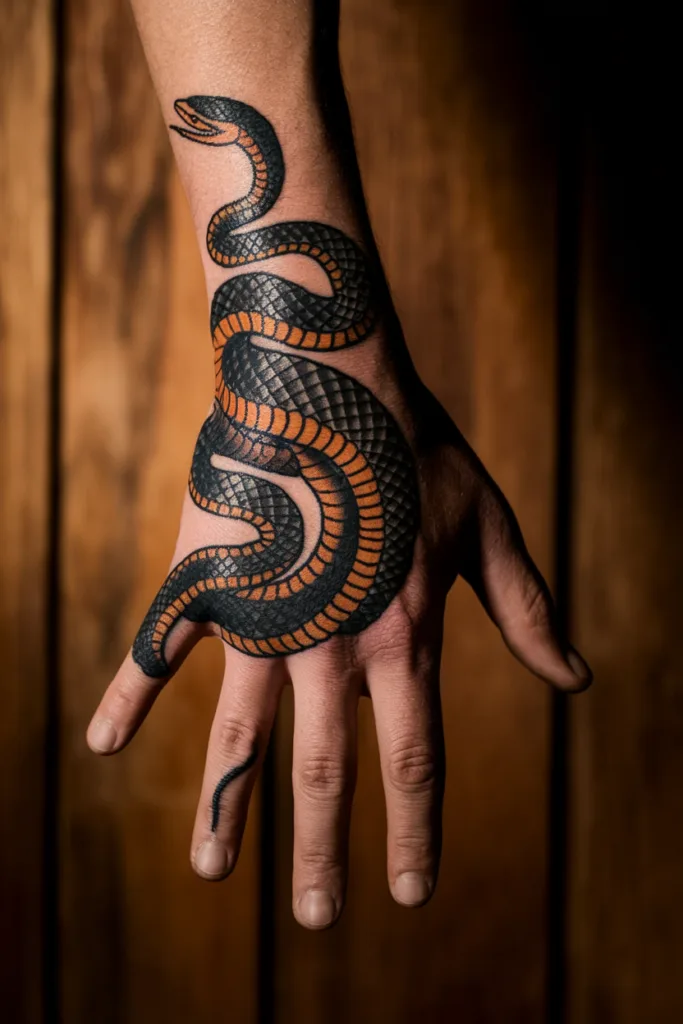 Snake tattoo on hand with black and orange scales, detailed design against wooden background.