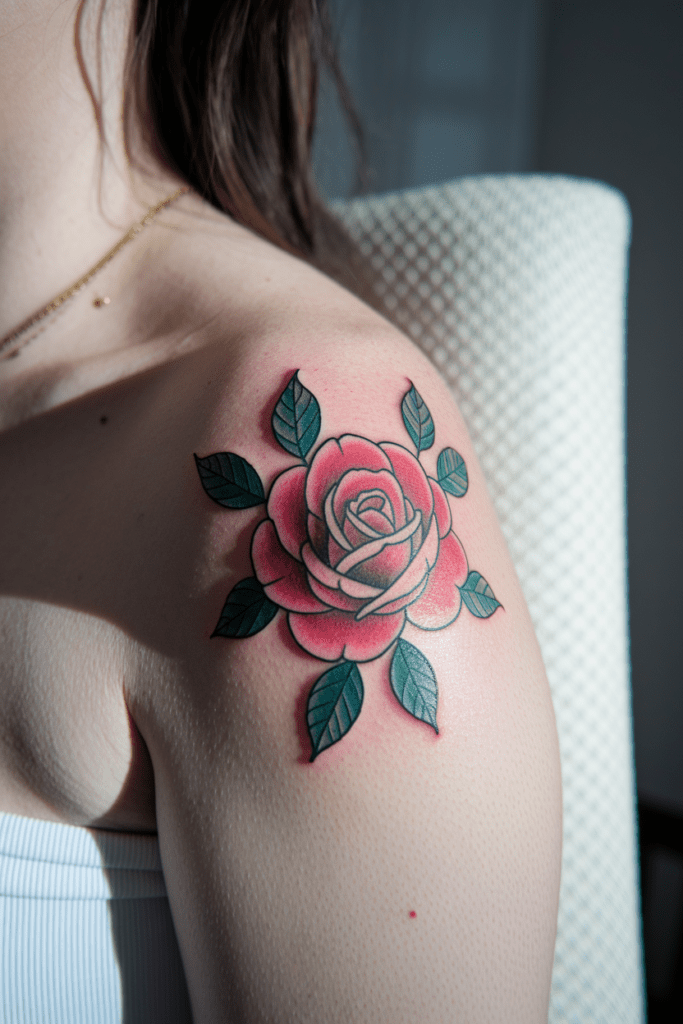 Red rose tattoo on shoulder with green leaves, capturing intricate details and vibrant colors in natural light.