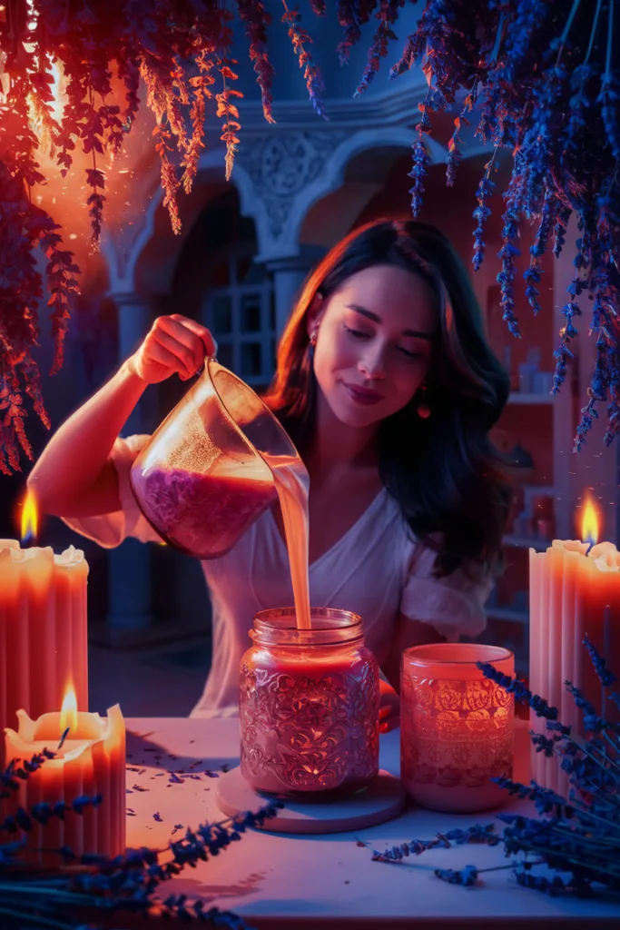 Woman pouring potion in candlelit ambiance surrounded by lavender, creating a magical, serene atmosphere.