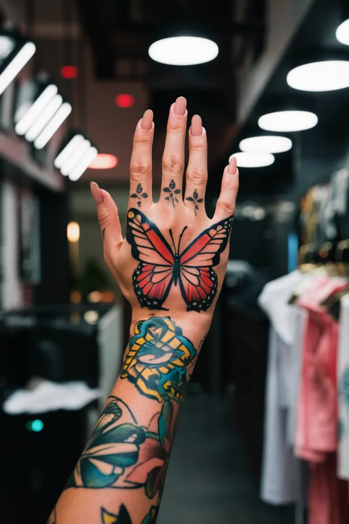 Hand with vibrant butterfly tattoo, adorned with floral designs, under modern indoor lighting.