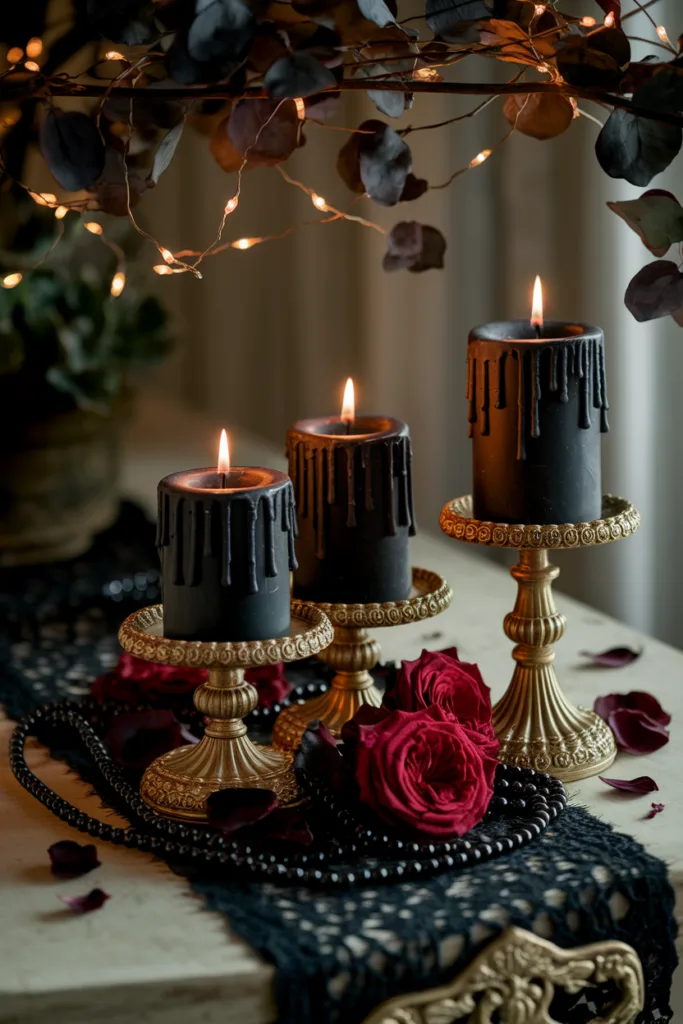 Elegant setting with black candles on ornate holders, surrounded by red roses and soft lighting.