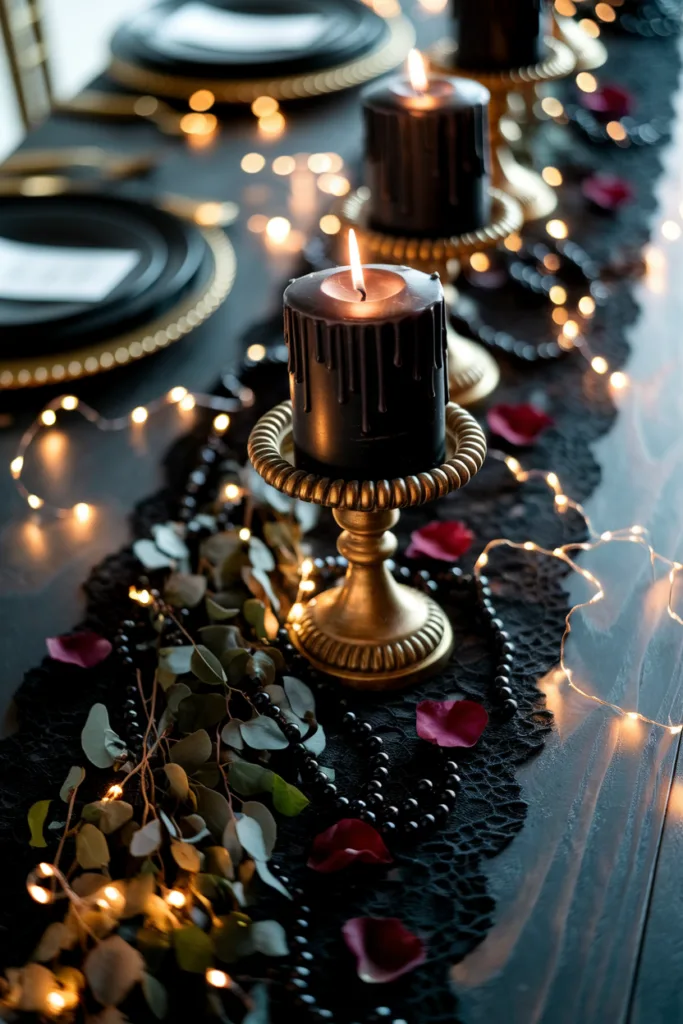 Elegant black candlelit table setting with gold accents, red petals, and string lights, perfect for a gothic dinner.