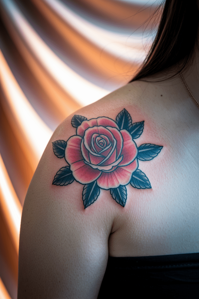 Rose tattoo on shoulder with vibrant petals and detailed leaves against a soft background.