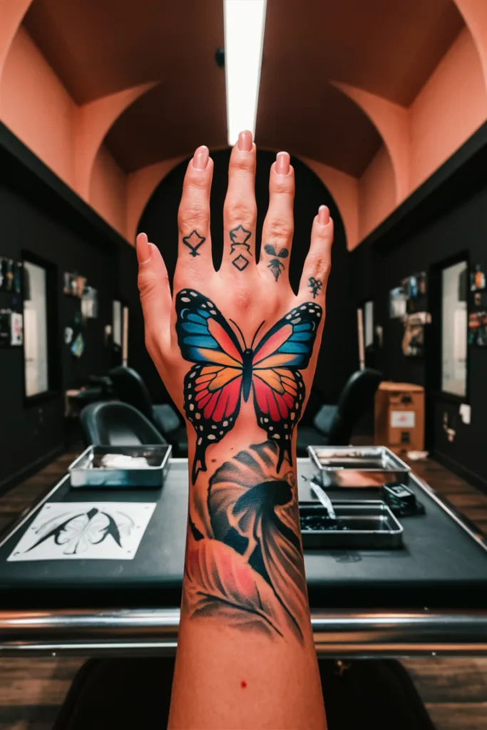 Colorful butterfly hand tattoo design in a tattoo studio. Vivid ink artwork with additional finger symbols.