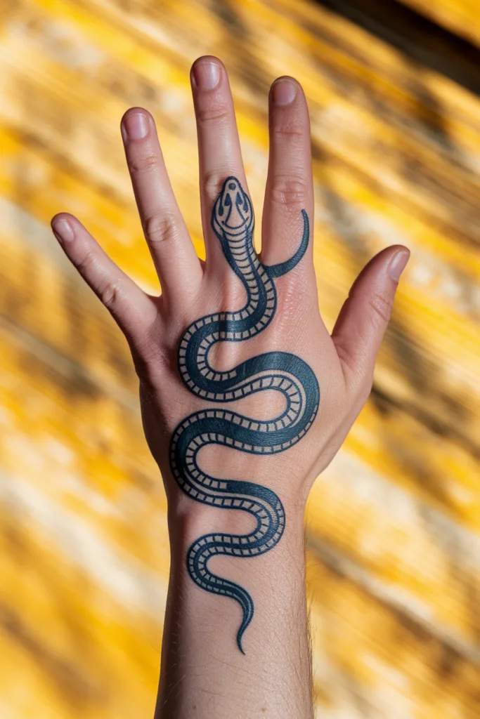 Snake tattoo on hand and arm against a yellow-orange background, artistic skin design.