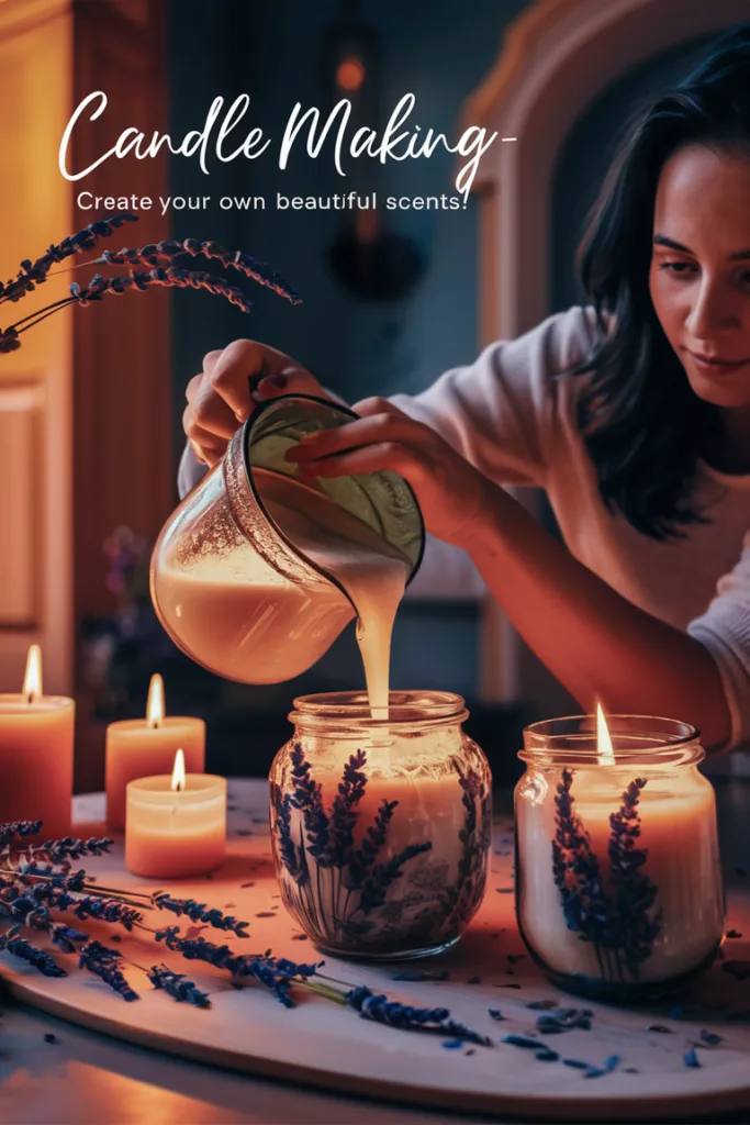 Woman pouring wax into a jar for candle making, surrounded by lit candles and lavender, with text overlay Candle Making.