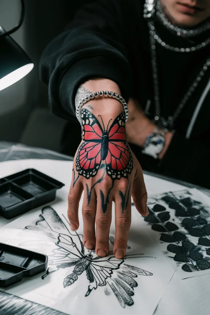 Hand with vibrant butterfly tattoo, surrounded by tattoo sketches and art supplies.