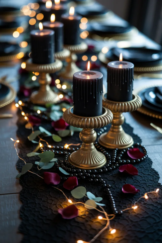 Elegant table setting with black candles, golden holders, rose petals, and fairy lights for a moody ambiance.