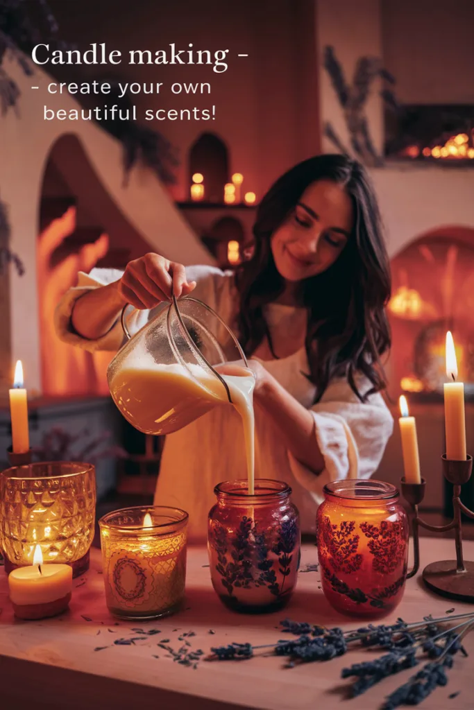 Woman pouring wax into jars for candle making in cozy setting with lit candles and lavender.