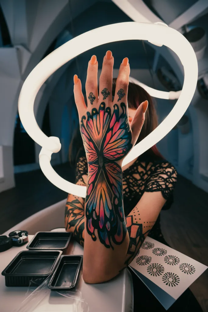 Colorful butterfly hand tattoo in a modern studio setting with circular light in background.