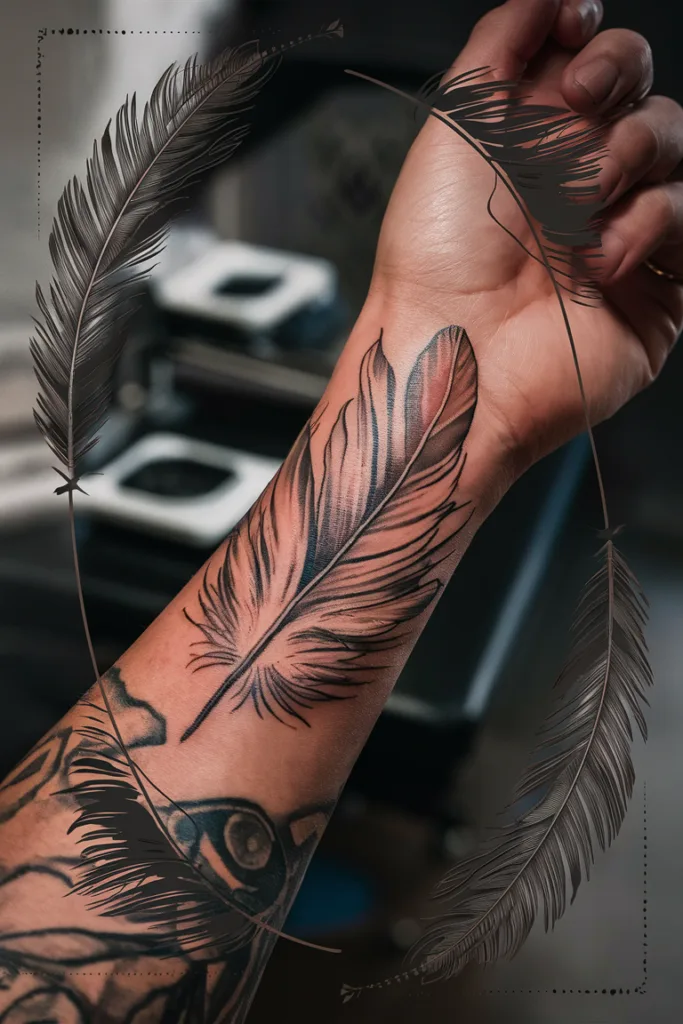 Close-up of a feather tattoo on a forearm, with artistic feather designs surrounding the composition.