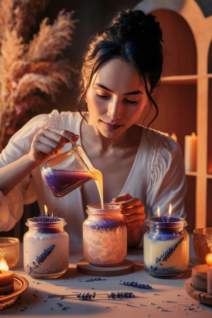 Woman pouring wax into lavender candle jars in cozy candlelit setting.