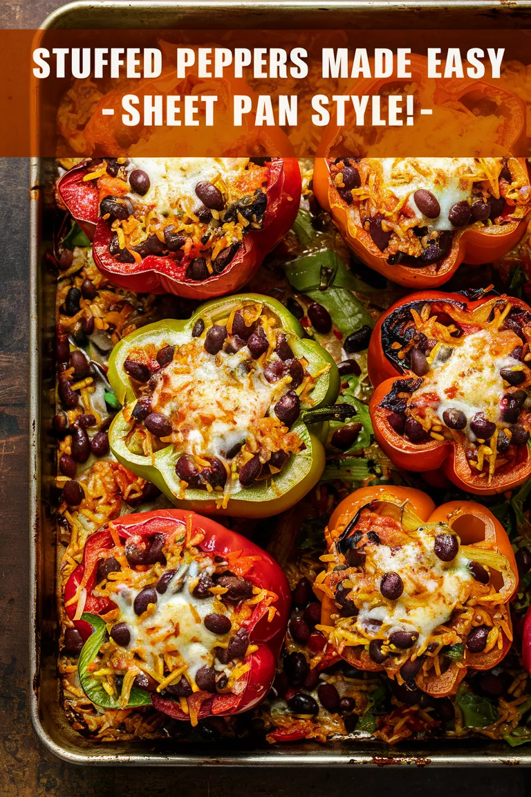 Colorful stuffed peppers on a sheet pan, topped with melted cheese and beans, perfect for an easy meal.