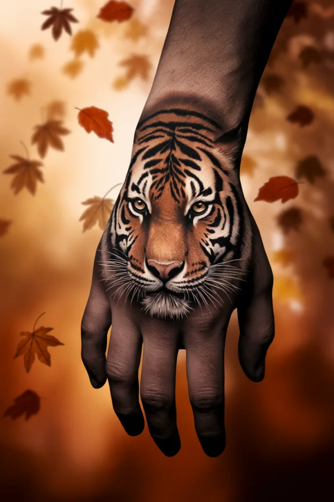 Hand with realistic tiger face paint surrounded by falling autumn leaves.