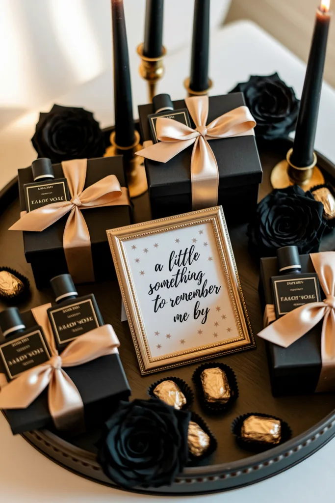 Elegant gift set with black boxes, gold ribbons, candles, black roses, and framed message: A little something to remember me by.