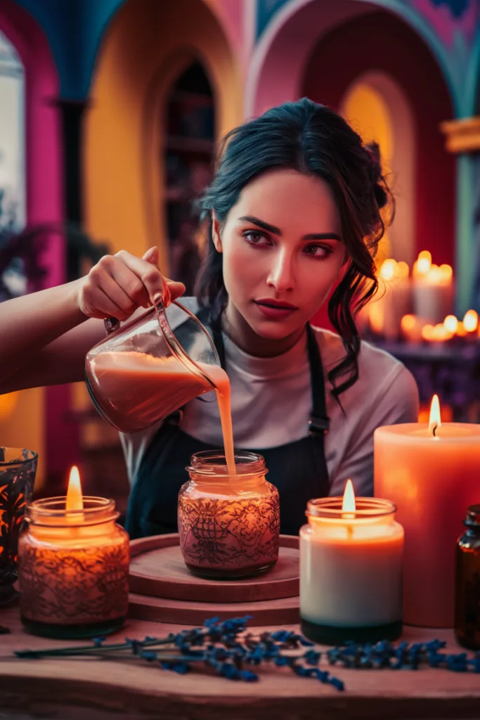 Woman pouring wax into jars surrounded by candles in colorful, cozy ambiance. Perfect for relaxation or home decor.