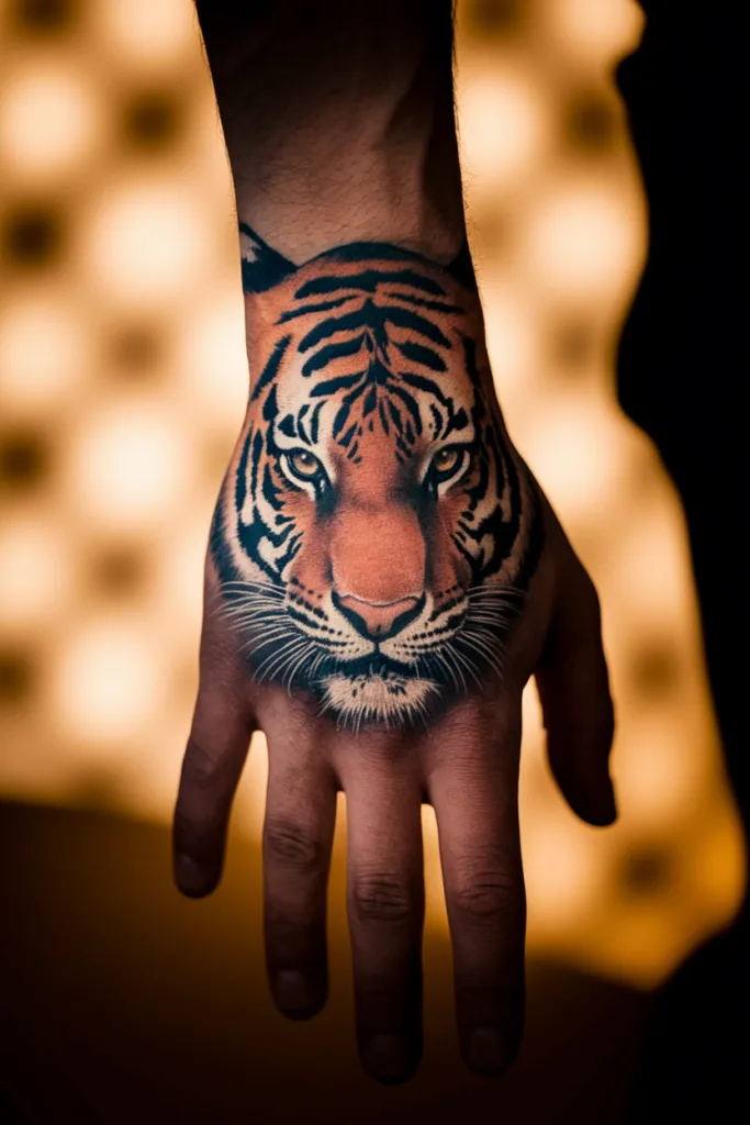 Close-up of a realistic tiger tattoo on a hand, with a blurred warm background.