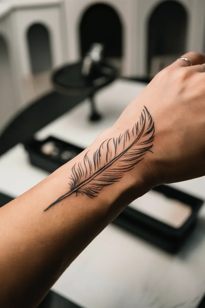 Feather tattoo on forearm in elegant black ink, close-up view in modern interior setting.