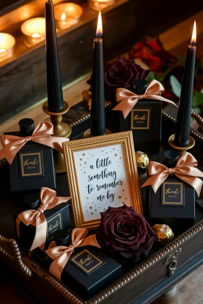 Elegant gift set with black candles, rose, and framed quote for special occasions.