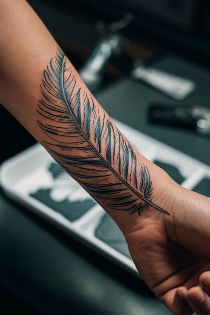 Forearm tattoo with detailed black and grey feather design.