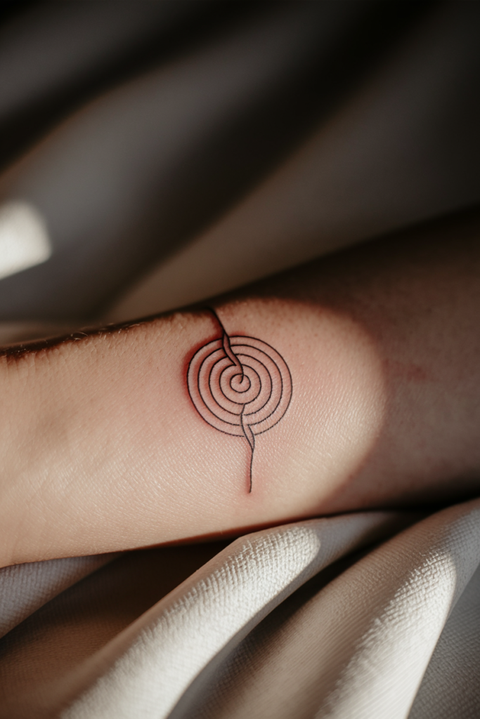 Minimalist spiral tattoo on forearm with a unique crossover design, highlighted against soft fabric backdrop.