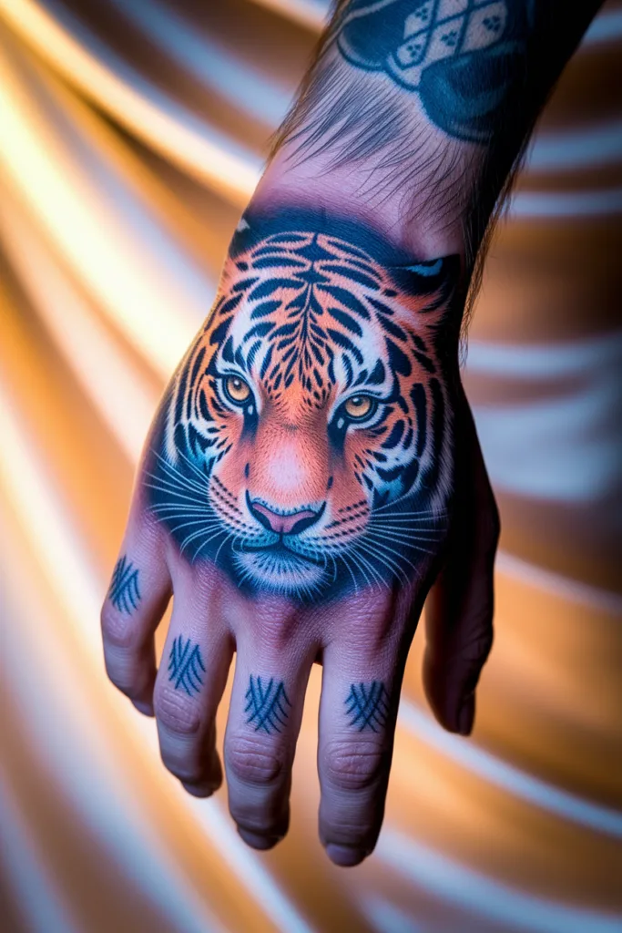 Tiger face tattoo on hand with intricate line details against a blurred background.