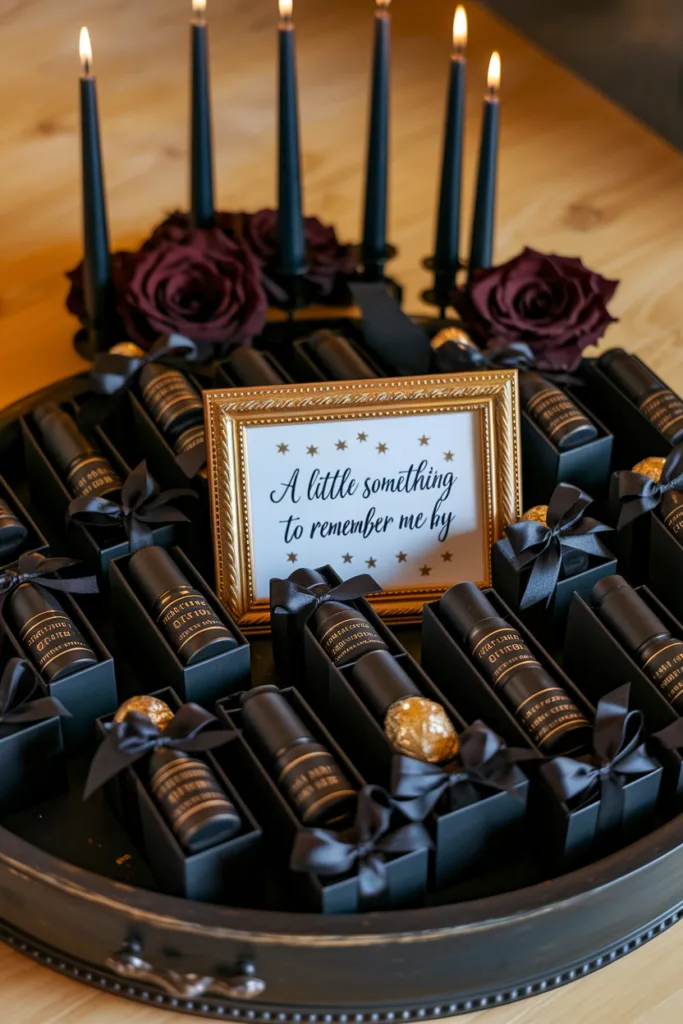 Elegant candles with a framed sign, A little something to remember me by, surrounded by dark roses and gifts.