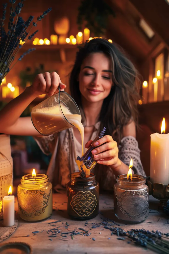 Woman making handmade candles with lavender in cozy setting.