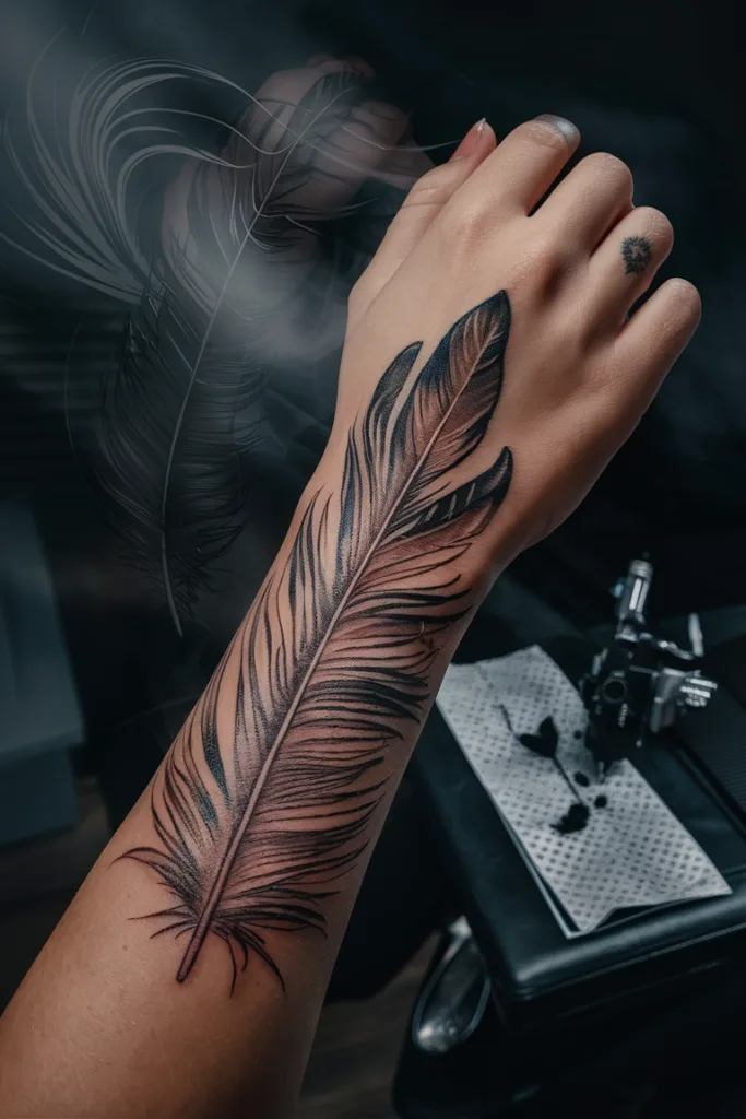 Detailed feather tattoo on forearm, depicting intricate artistry and vibrant ink on a hand.