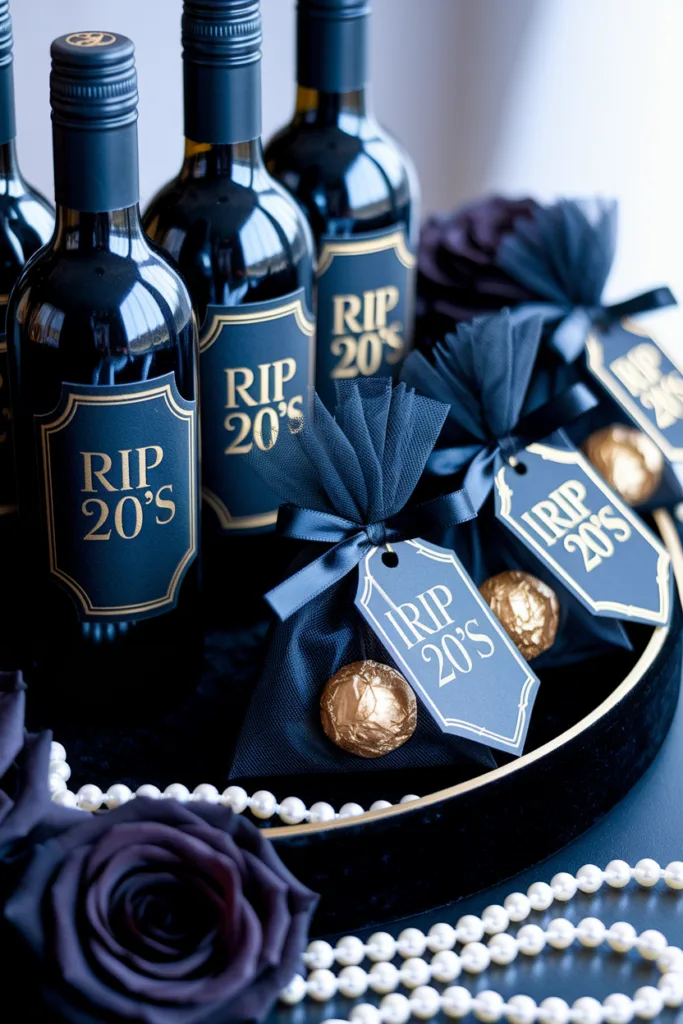 RIP 20's themed wine bottles and chocolates with pearls, perfect for a 30th birthday celebration.