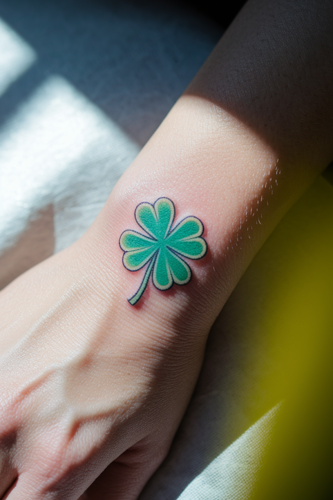 Green four-leaf clover tattoo on wrist, symbolizing luck and positivity, under a soft light.