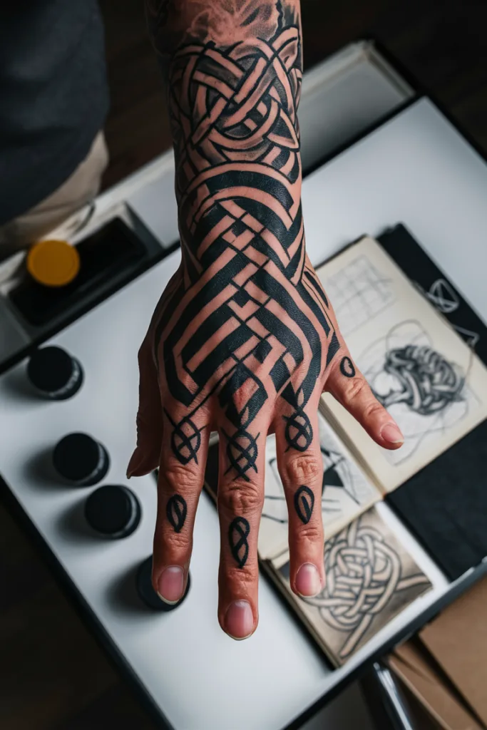 Close-up of intricate black ink Celtic knot tattoo on a person's hand in a studio setting.