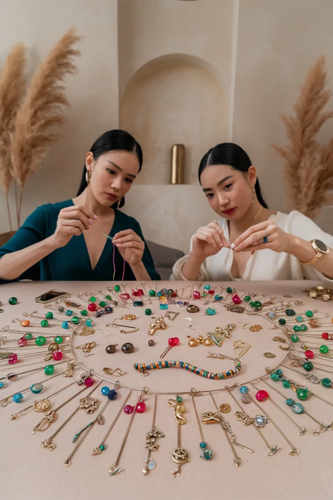 Women crafting jewelry with colorful beads and charms, creating unique handmade designs.