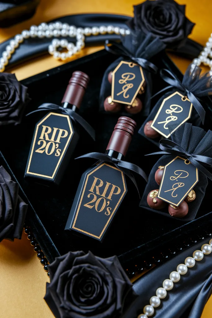 Elegant 30th birthday wine and chocolates with black and gold coffin theme alongside pearl and rose decor.