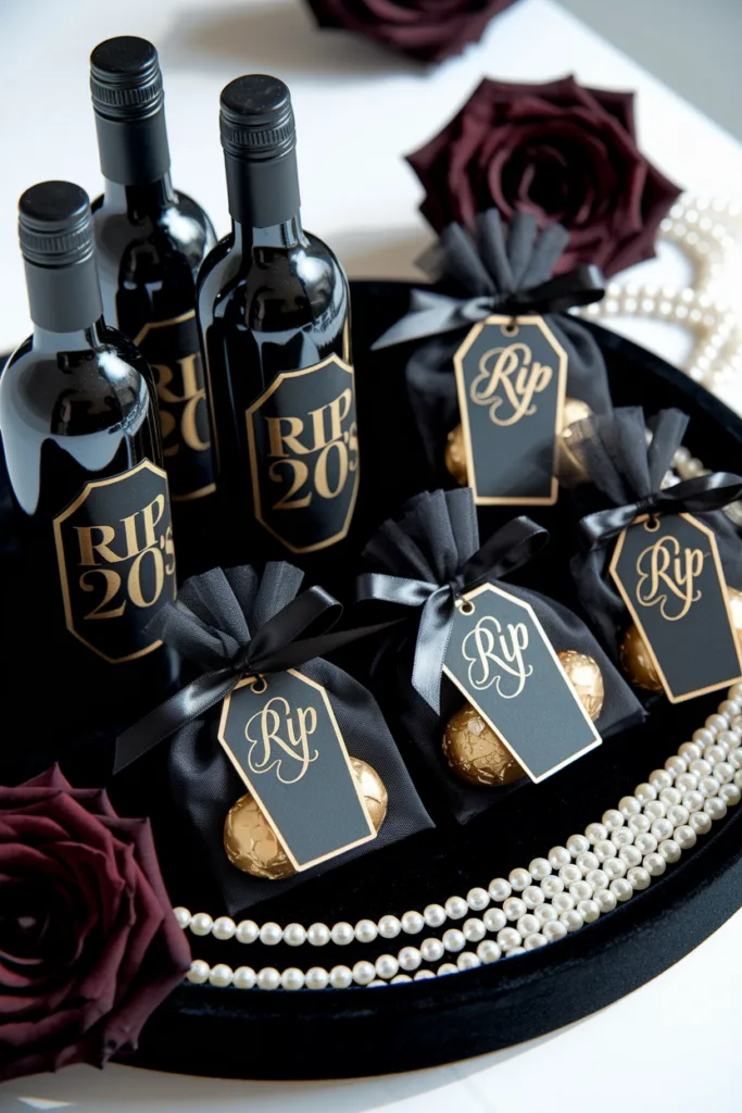 Elegant bottles and gift bags with RIP 205 labels, decorated with pearls and dark roses.