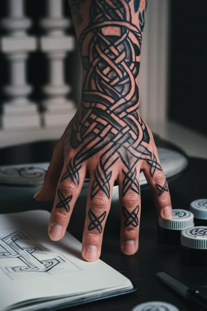 Tattooed hand with intricate black ink design over notebook, accompanied by tattoo ink jars on a table.