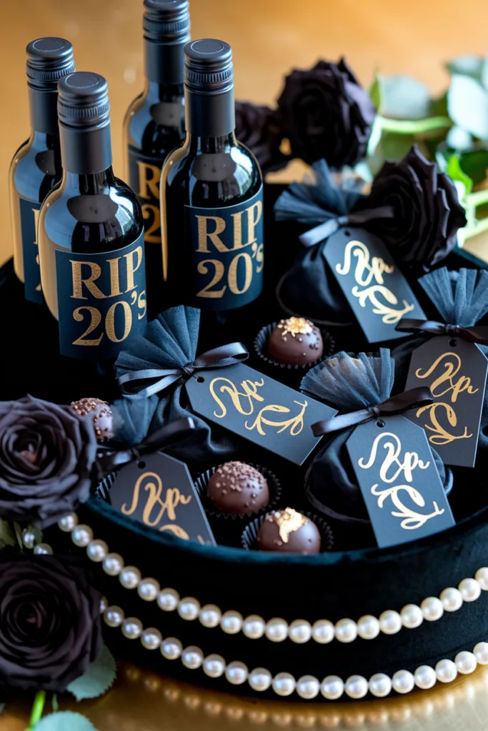 Birthday gift set with RIP 20's theme, featuring wine bottles, truffles, black roses, and elegant tags.