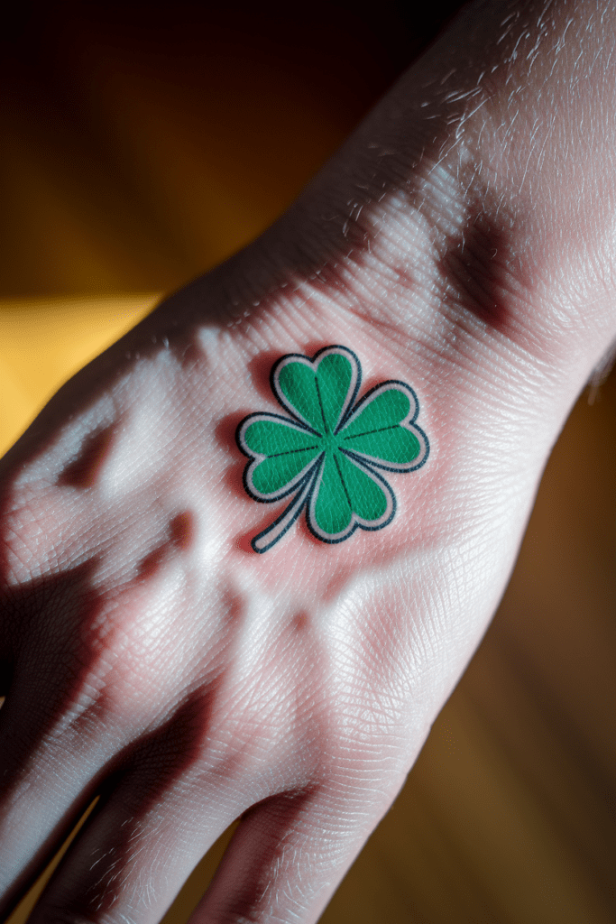 Close-up of a four-leaf clover tattoo on a hand, symbolizing luck and good fortune.