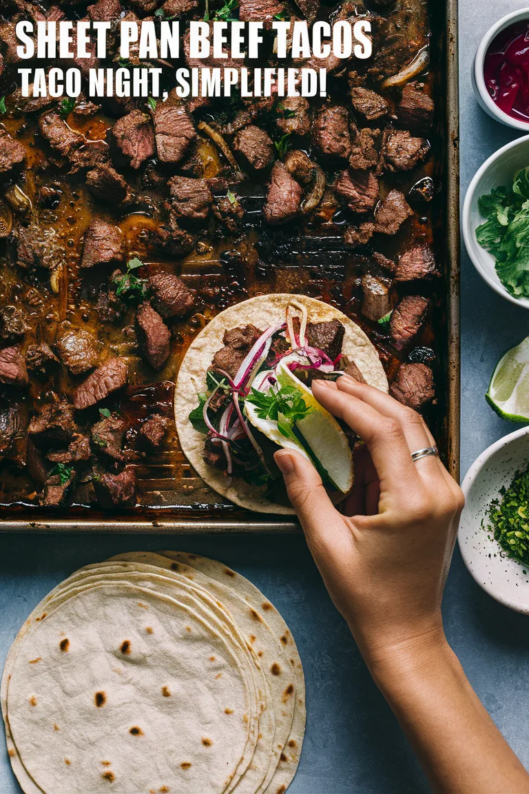 Person assembling sheet pan beef tacos with lime and toppings, next to a stack of tortillas.