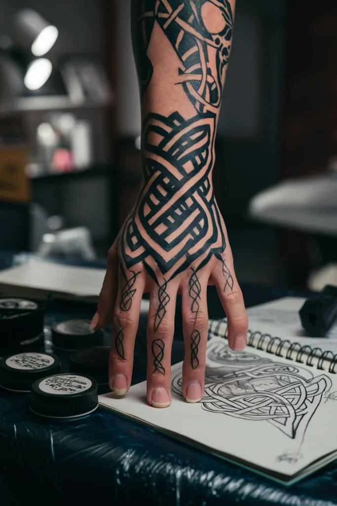 Intricate black tattoo design on a hand with sketchbook and ink jars in tattoo studio setting.