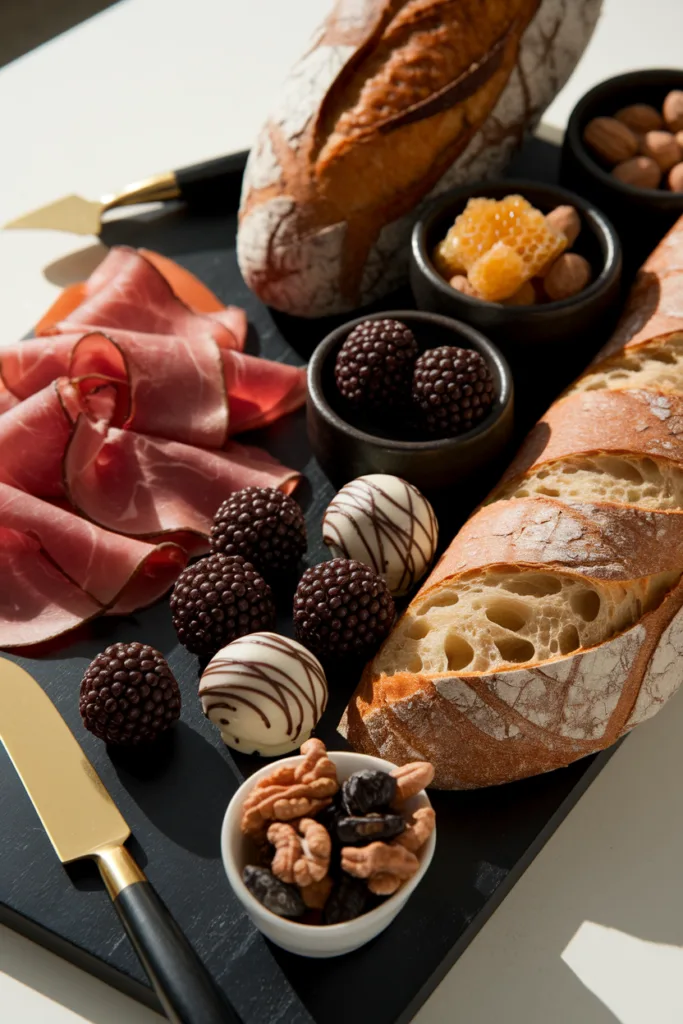 Charcuterie board with cured meats, assorted chocolates, nuts, honeycomb, and crusty bread on a black slate board.