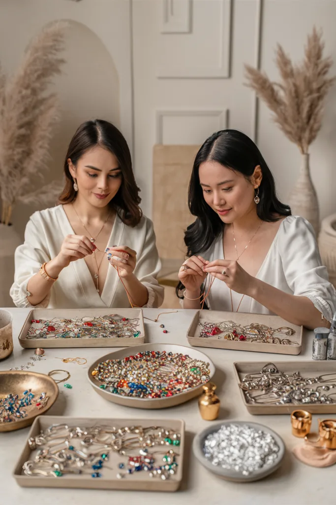 Two women crafting jewelry at a table, surrounded by colorful beads and trinkets, focused on design work.