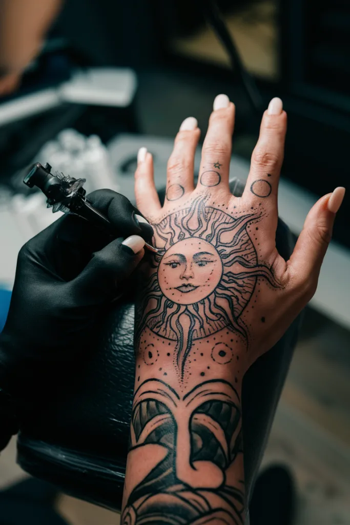 Close-up of a detailed sun tattoo being inked on a person's hand, showcasing intricate linework and shading.