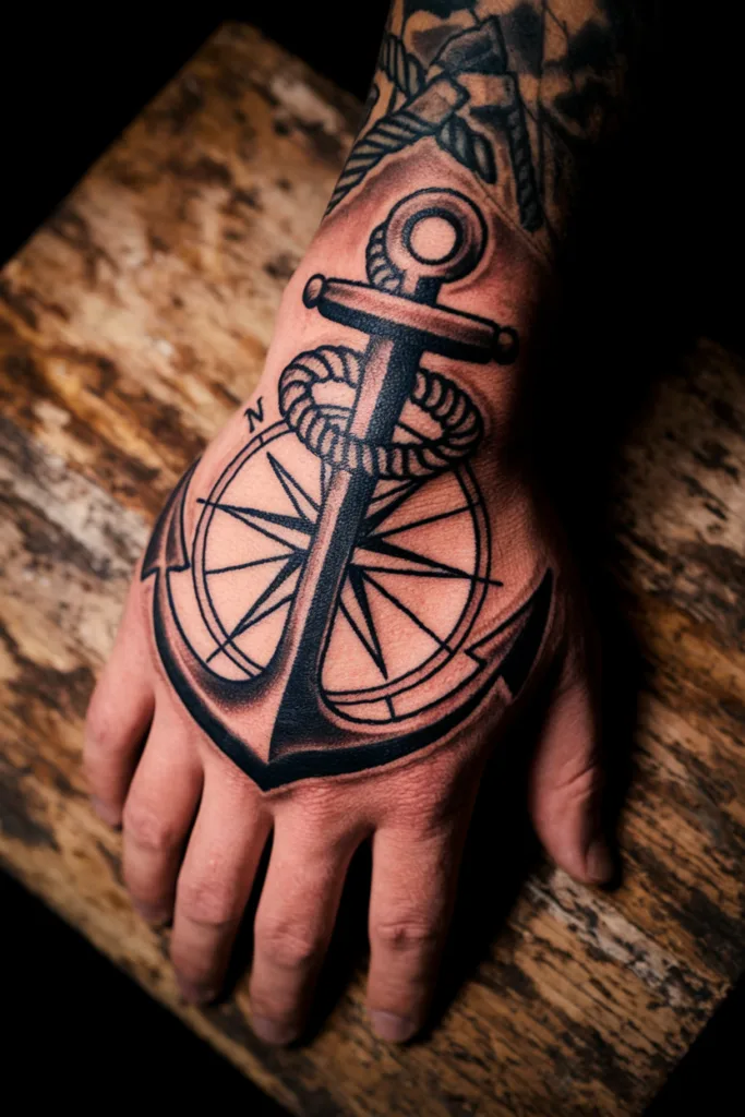 Anchor tattoo on hand with compass design, featuring detailed shading and nautical elements on wooden background.