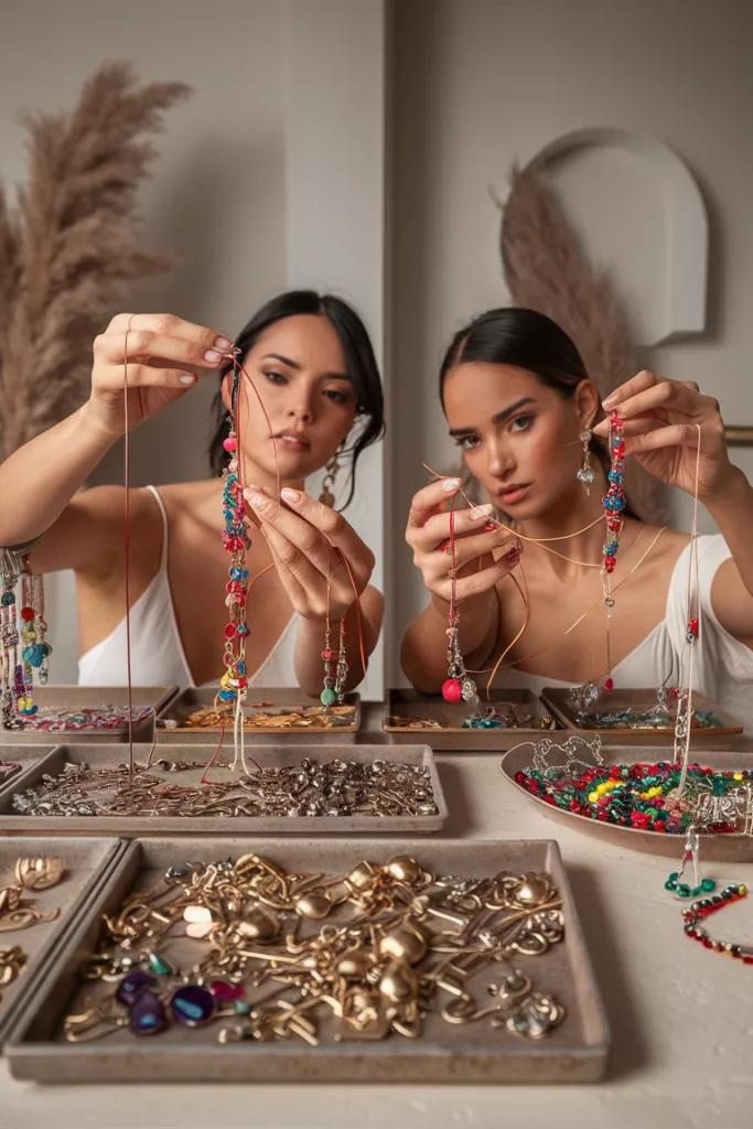 Women crafting colorful, intricate beaded jewelry at a workshop table filled with various beads and pendants.